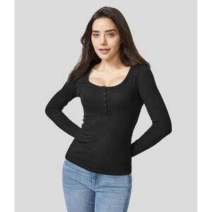 Halara Henley Button Front Long‎ Sleeve Slim Casual Top in Black Small NWT
